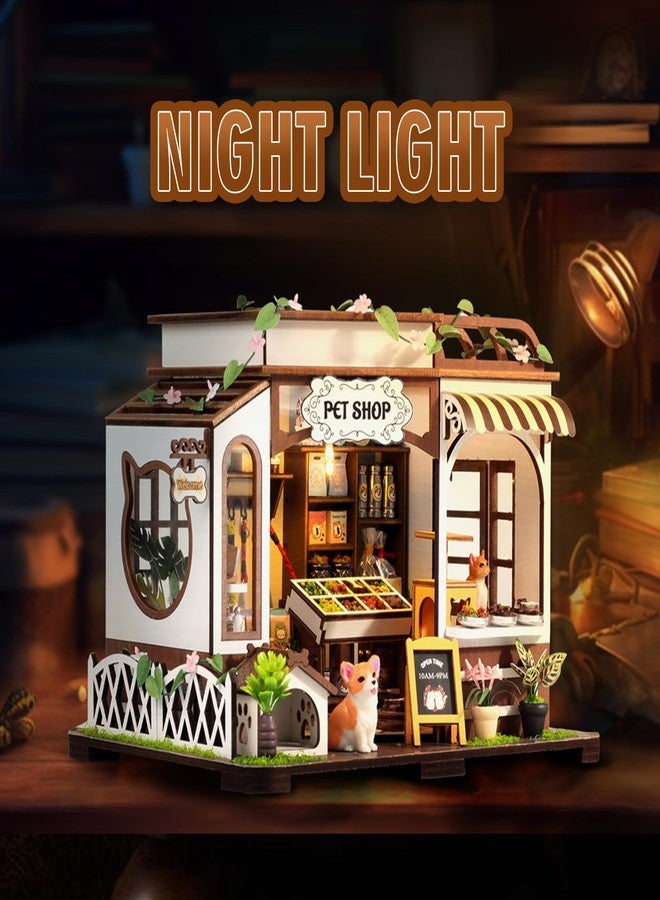 FLYNOVA DIY Miniature House Kit,Pet Shop Dollhouse Miniature Kit with LED & Furniture,Mini Diorama House Building Kit for Adults Teens,3D Wooden Crafts Tiny House Mini Model Kit,Home Decor Birthday Gifts - Image 2